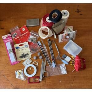 Vintage Sewing Notions Lot Tools Trims Snaps Elastic Thimble Scissor Craft Bundl